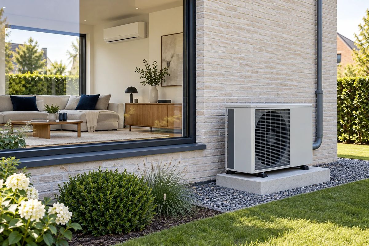 Illustration d’une pompe à chaleur extérieure devant une maison contemporaine