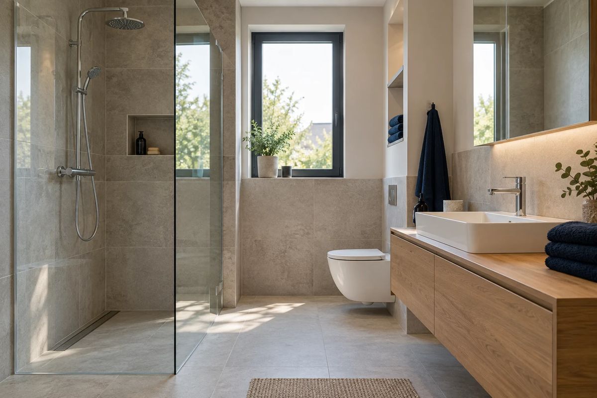 Illustration d’une salle de bain avec douche vitrée, vasque et robinetterie Illustration d’une salle de bain avec douche vitrée, vasque et robinetterie